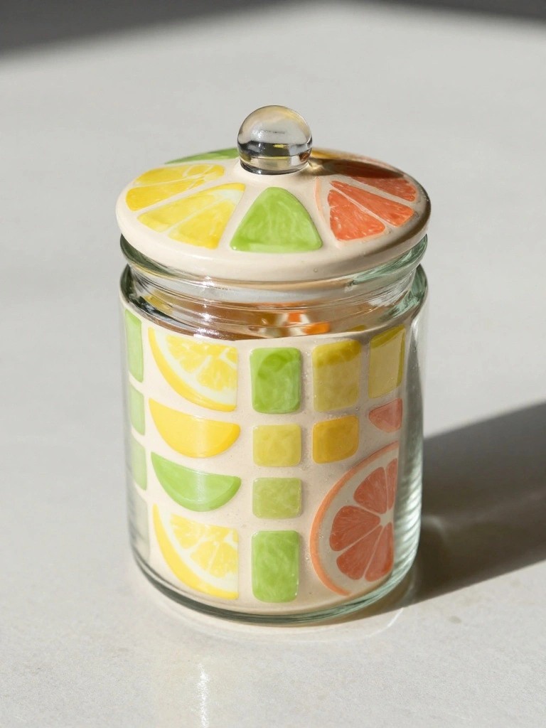 Glass jar with colorful citrus fruit mosaics and glass knob lid on white surface