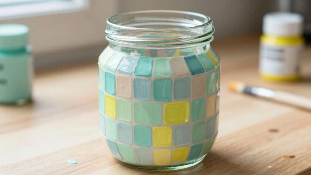 21 Colorful Glass Painting Designs Inspired by Mosaic Patterns Glass jar covered in pastel mosaic tiles on a sunlit wooden table.