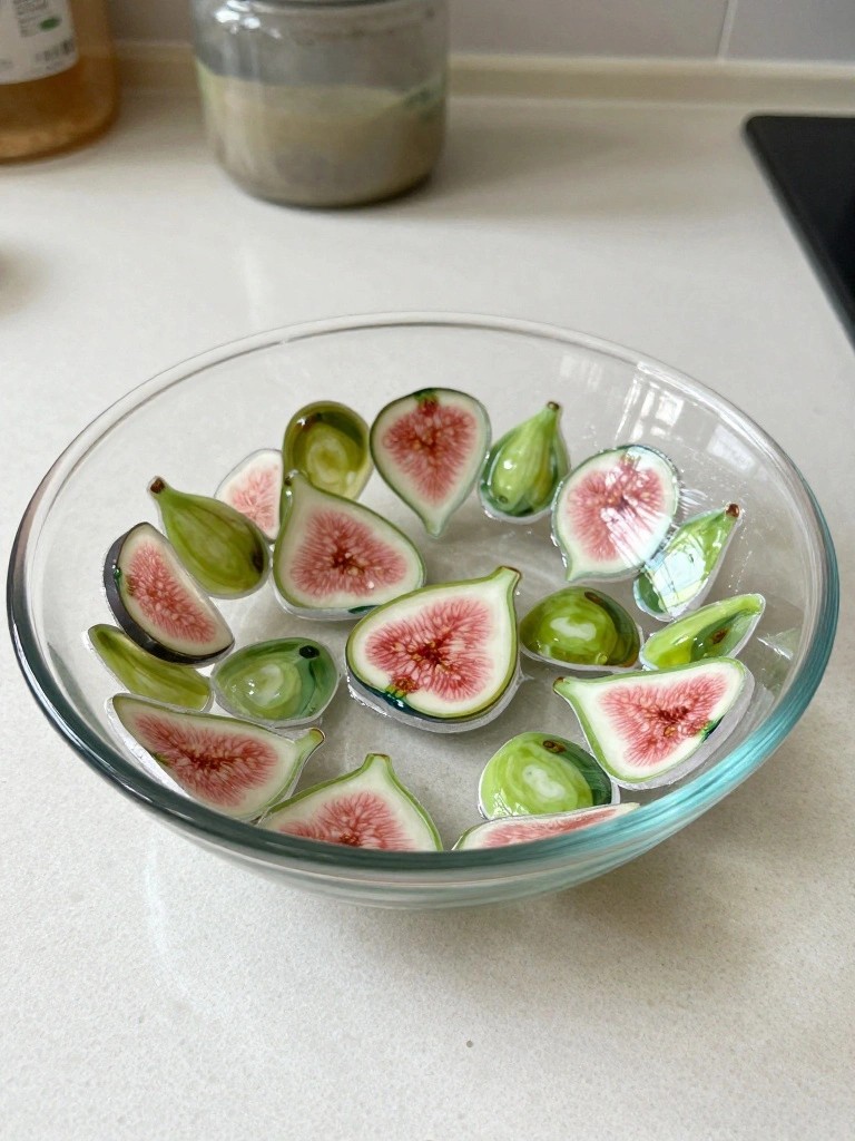 A clear glass bowl with painted slices of figs showing pink centers and green skins.