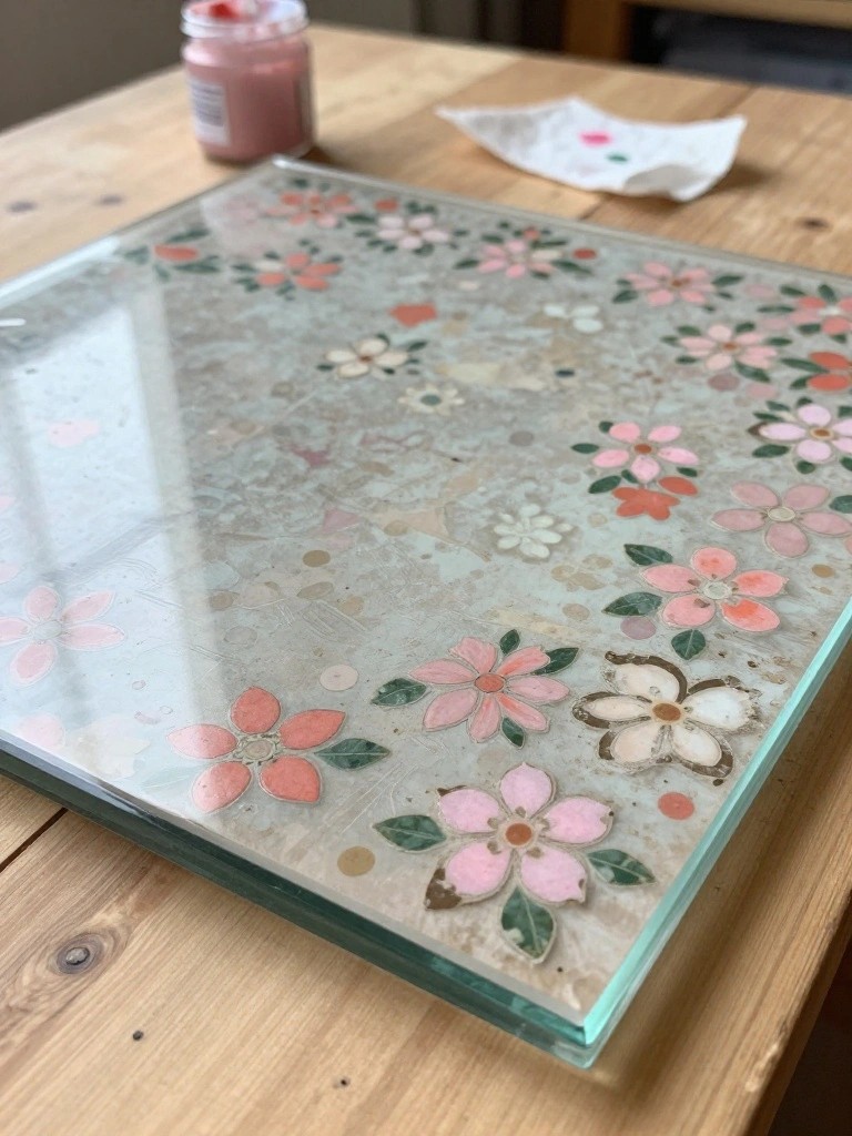 Floral glass panel with pink and white flowers on wooden table beside paint jar