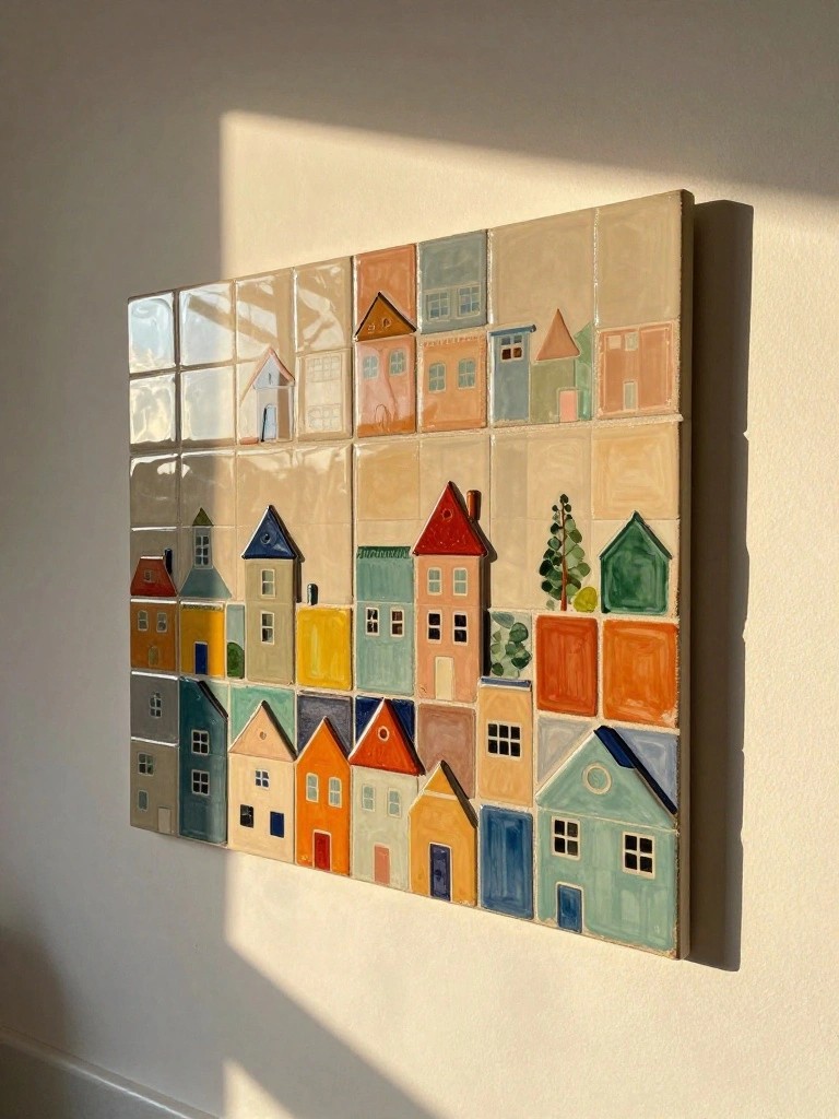 Colorful ceramic tiles form a grid of miniature houses on a sunlit wall