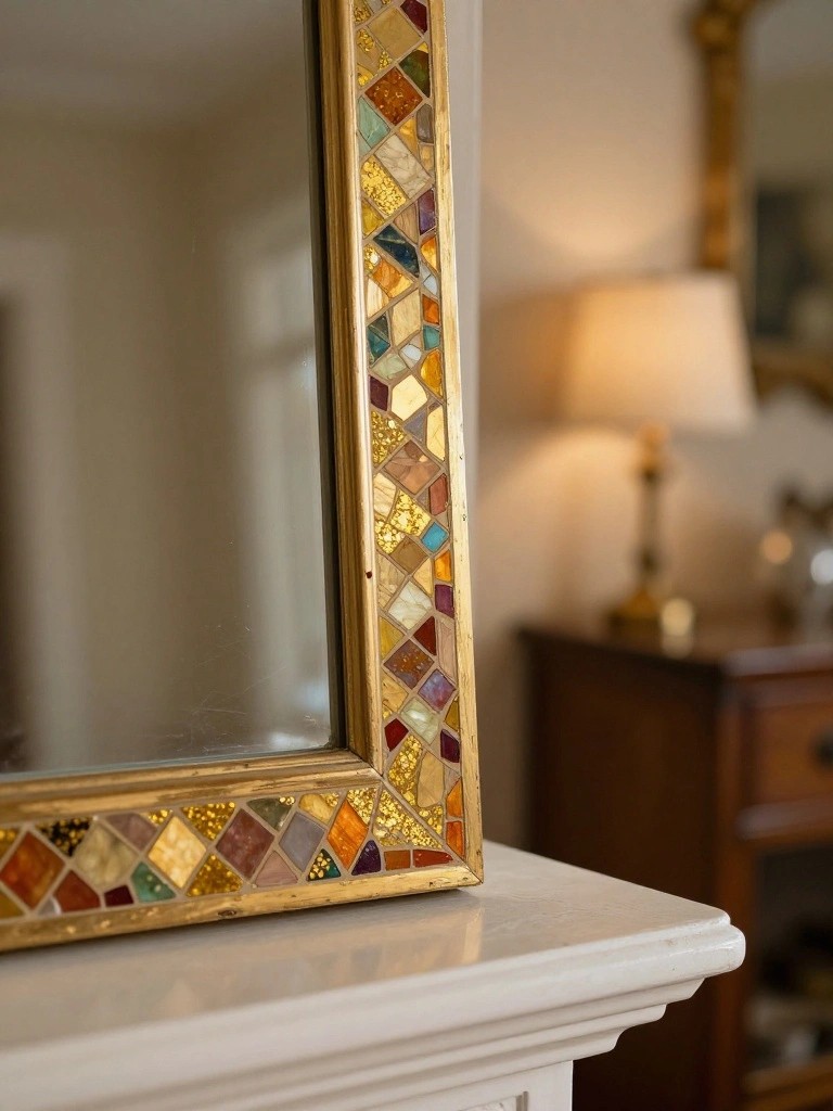 Colorful mosaic mirror frame with gold accents on white marble surface