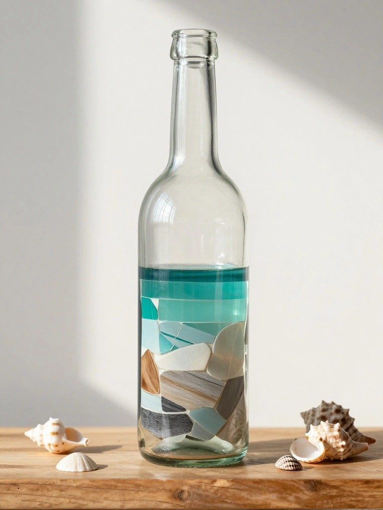 Glass bottle with turquoise liquid and sea glass mosaic, seashells on wooden table