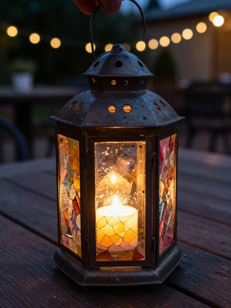 Hand holding glowing stained glass lantern on wooden table with string lights behind