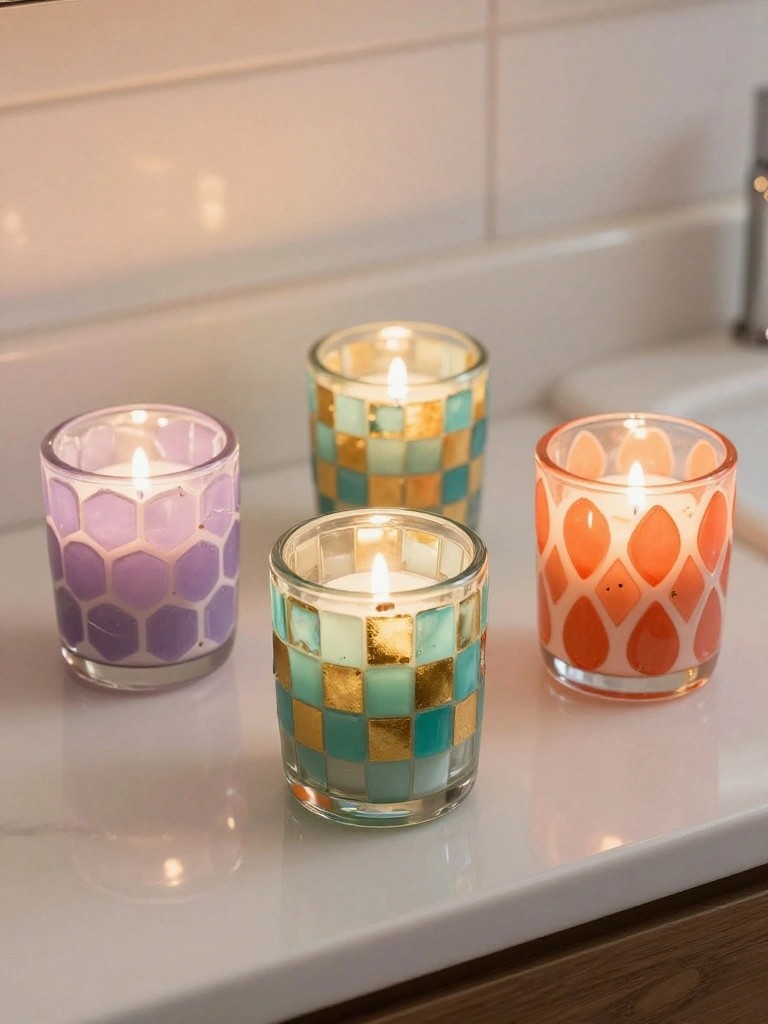 Four lit mosaic glass candle holders on white bathroom countertop.