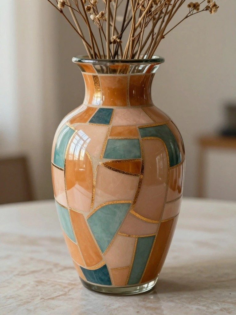 A clear glass vase with orange, peach, and teal mosaic shapes outlined in gold, holding dried branches on a marble surface.
