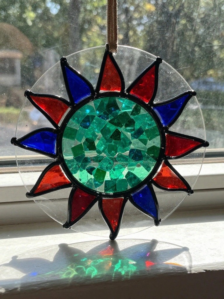 Colorful stained glass sun with green mosaic center and red blue rays on windowsill