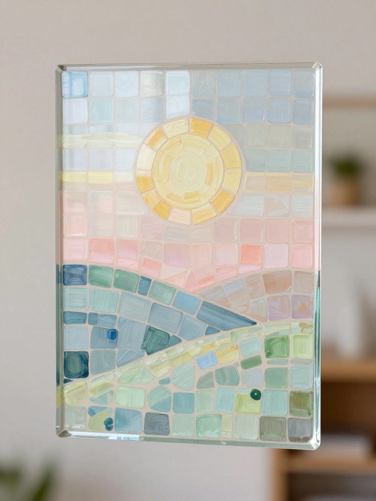 Pastel mosaic glass panel of yellow sun over green hills and sky