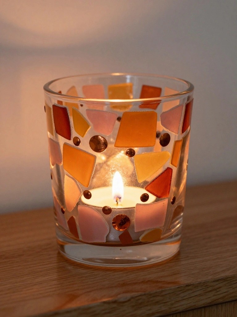 Lit candle glowing in mosaic glass holder with warm orange and pink tiles.