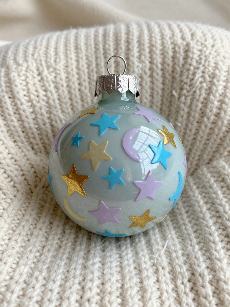 Light blue ornament with gold, blue, purple stars and moons on white knit fabric.