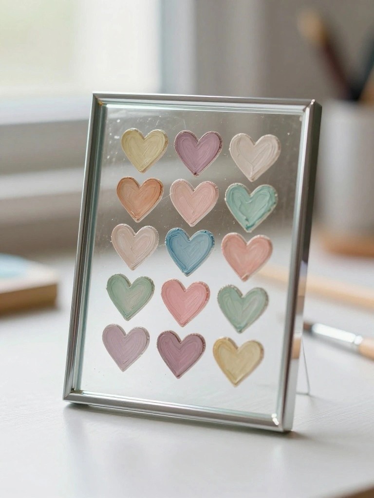 Silver-framed glass with fifteen hand-painted hearts in soft pastel colors.