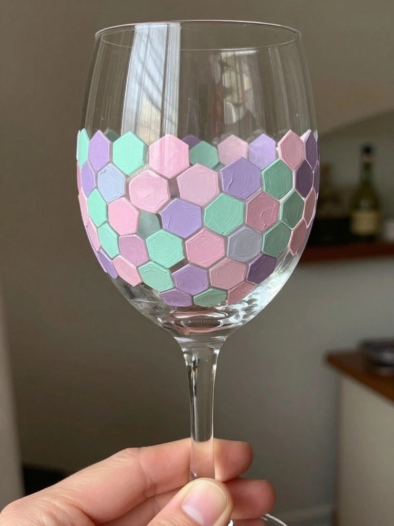 Hand holding clear wine glass with pastel pink purple green hexagons