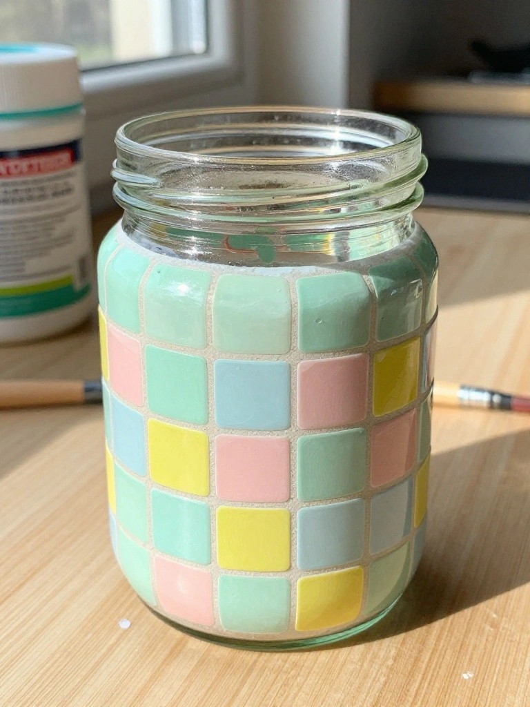 Glass jar covered in pastel mosaic tiles on a sunlit wooden table.