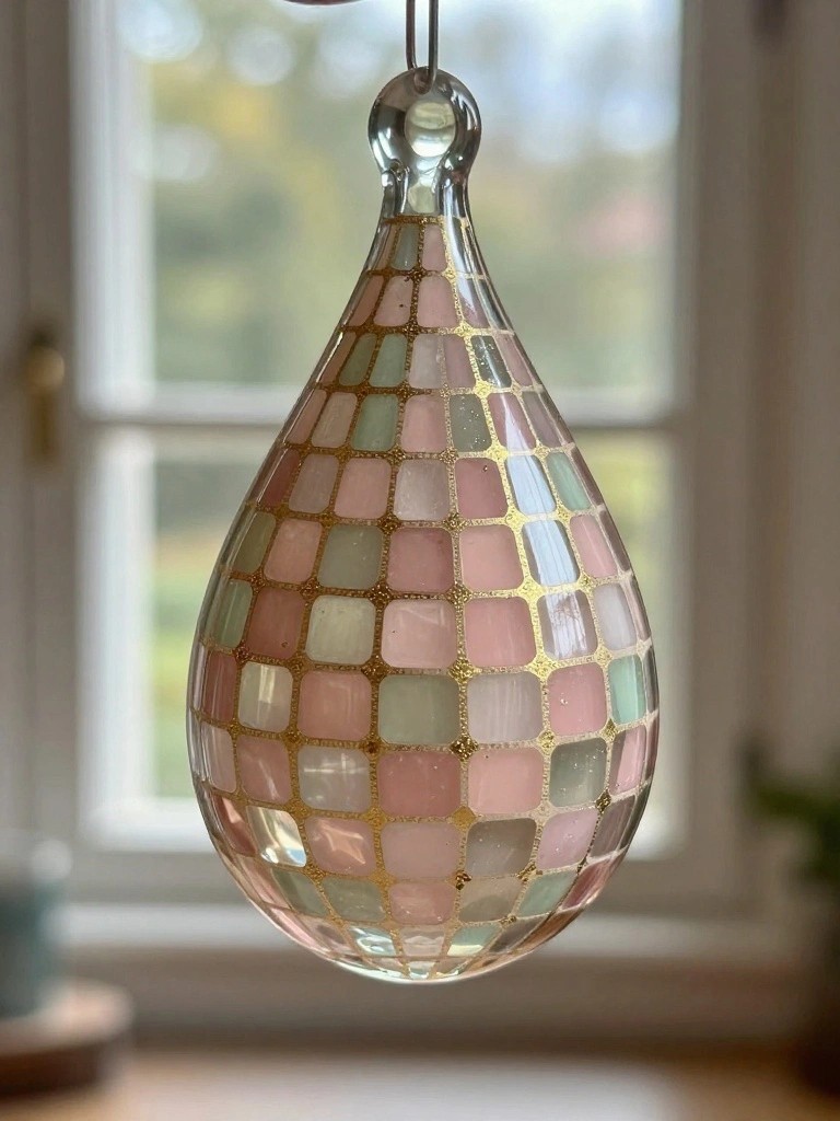Hanging teardrop glass ornament with pink mosaic tiles and gold grid lines