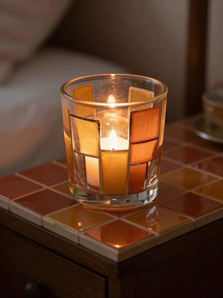 Lit candle in orange mosaic glass holder on colorful tiled nightstand.