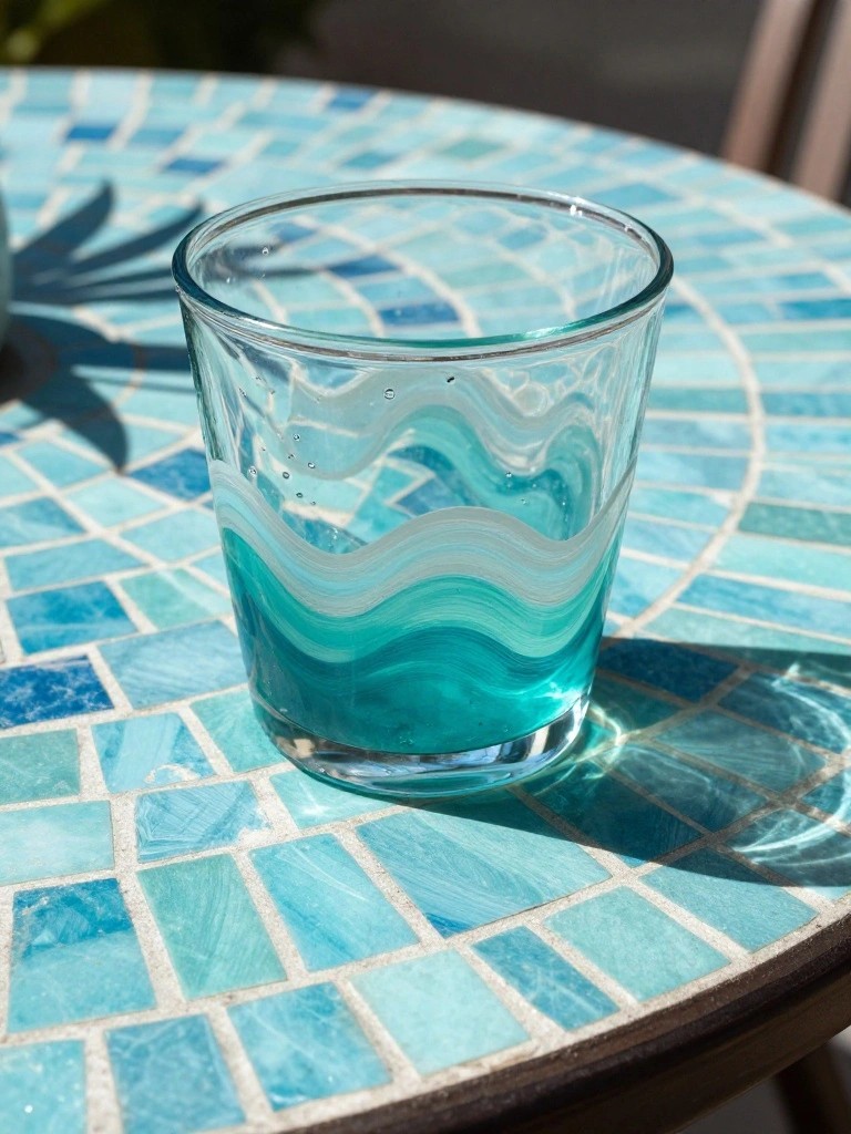 Clear glass with turquoise waves on sunlit blue mosaic tiled table