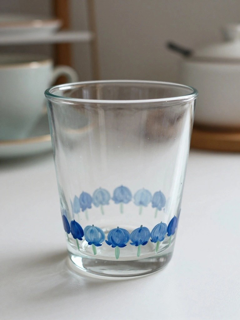 A clear glass tumbler with a painted border of blue flowers and green stems around the lower section.