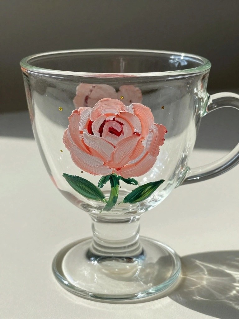 Glass pedestal mug hand-painted with pink rose, green leaves, and gold dots