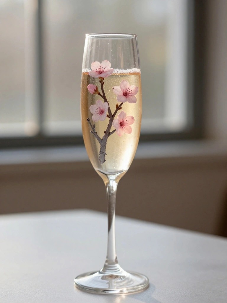 Tall champagne flute with pink cherry blossoms, filled with bubbly wine on white table.
