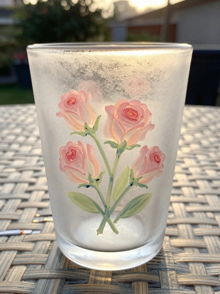 Frosted glass tumbler painted with pink roses on woven outdoor table