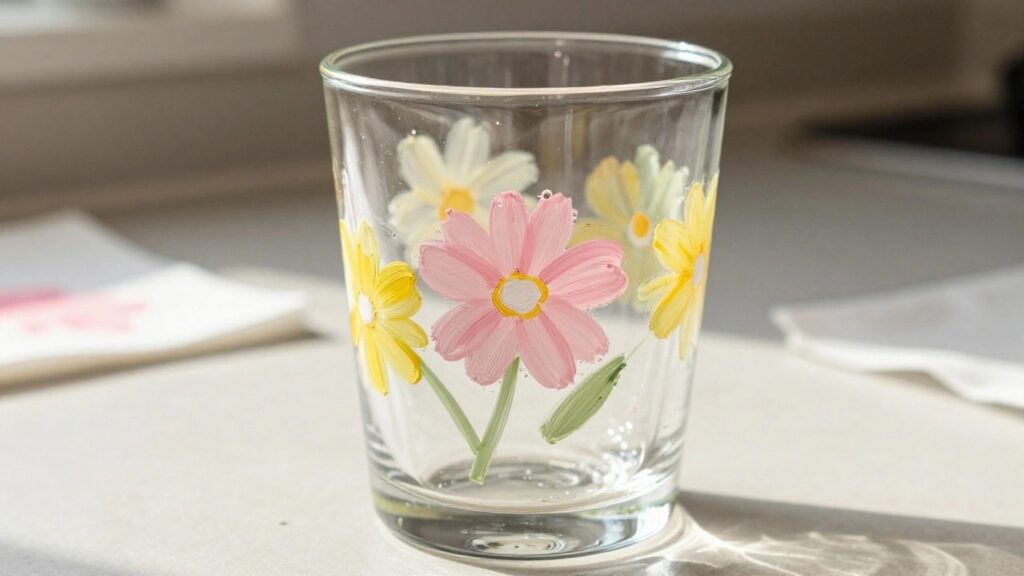 21 Soft Floral Glass Cup Painting Ideas in Pastel Color Palettes Clear glass tumbler hand-painted with yellow and pink flowers and green stems