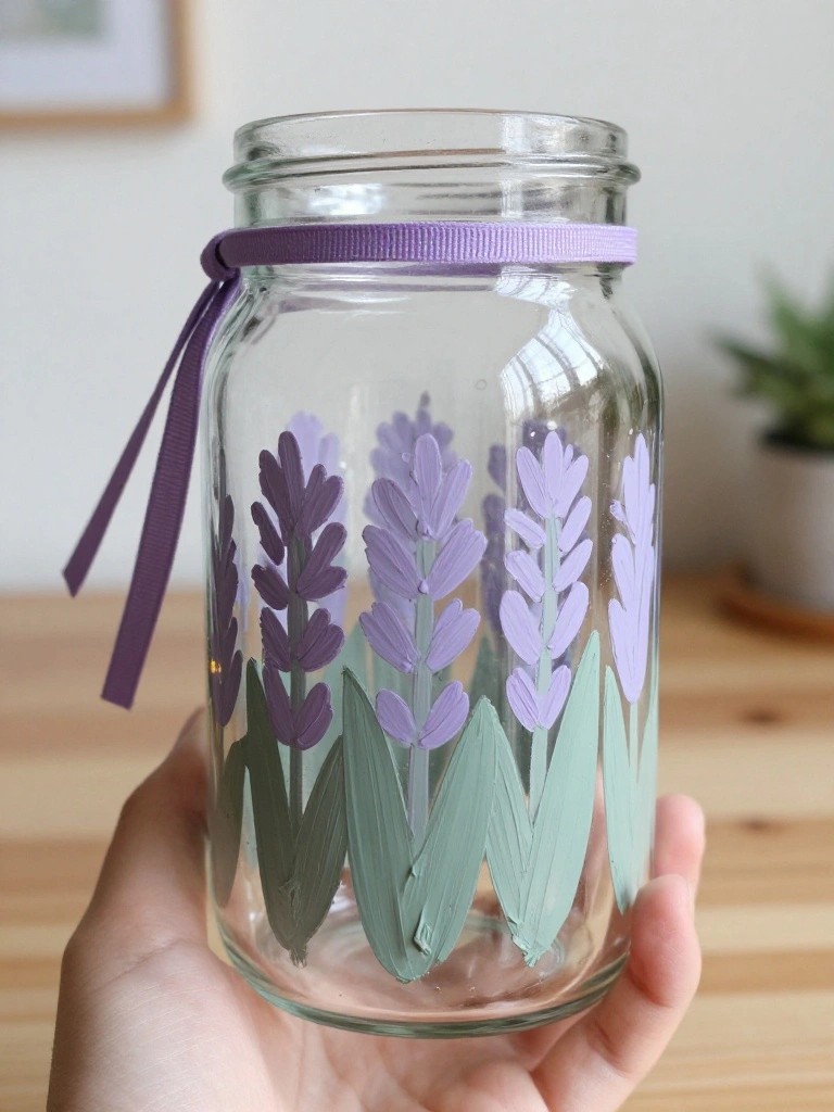 Hand holding glass jar painted with purple lavender flowers, green leaves, and purple ribbon.
