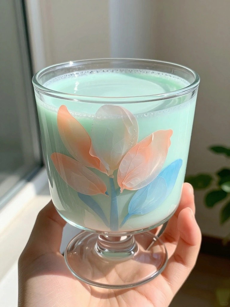 Hand holding a stemmed glass of light green liquid with peach-blue floral design