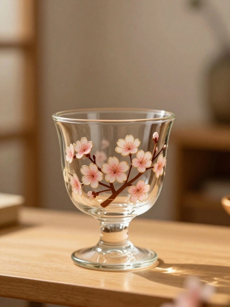 Small clear glass cup with stem painted with pink cherry blossoms on a wooden surface.