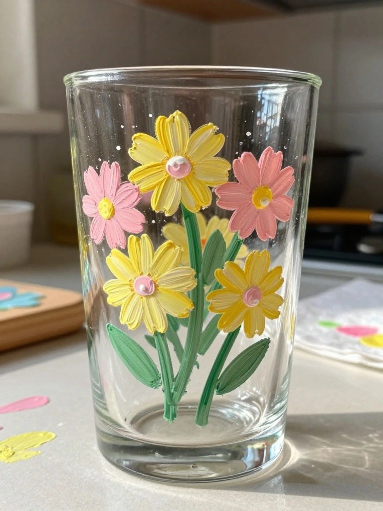 Clear glass tumbler hand-painted with yellow and pink flowers and green stems