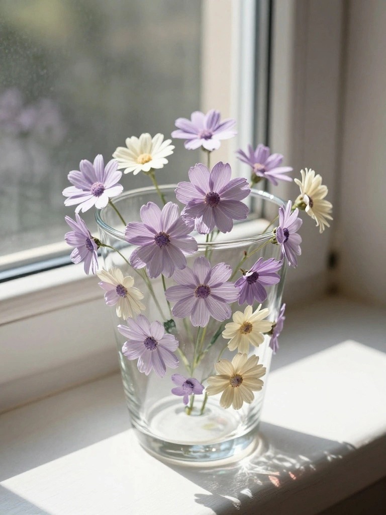 Purple and white daisies in a clear glass vase on a sunny windowsill.