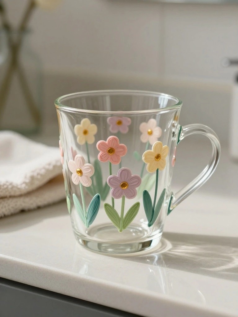 Glass mug with pink yellow purple floral designs on white countertop