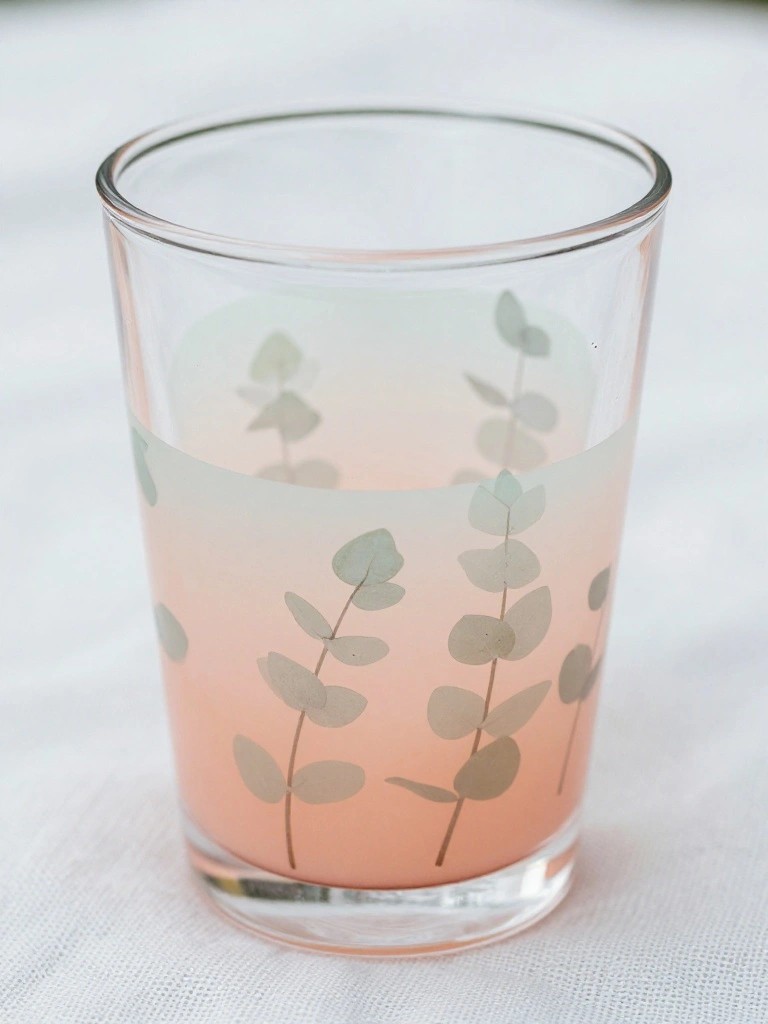Clear glass with eucalyptus leaf patterns on pink-orange gradient band