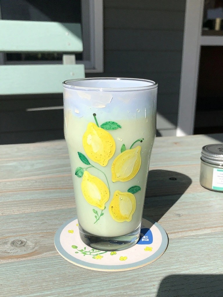 Glass of pale green drink with lemon decals on wooden table coaster