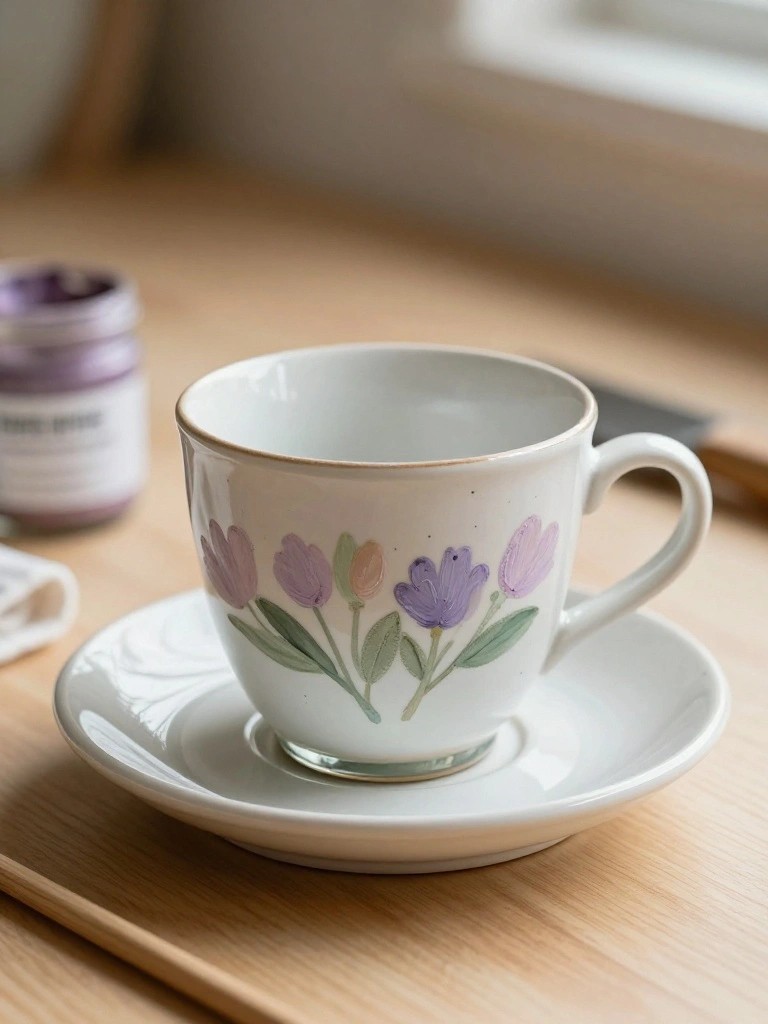White teacup with purple floral design rests on matching saucer on wood table