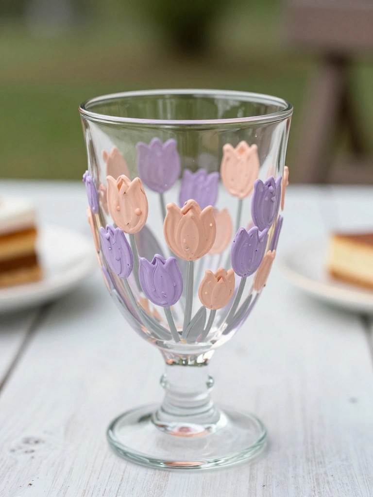 Glass goblet with raised purple and peach tulips on white wooden table