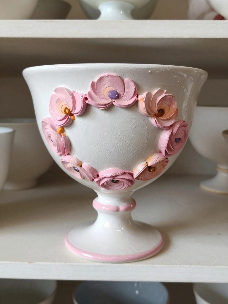 White ceramic pedestal bowl with pink rose decorations on shelf.