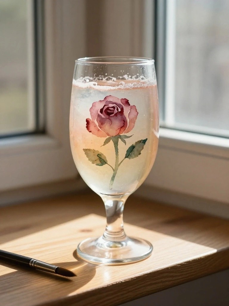 Watercolor rose on goblet of bubbly liquid beside paintbrush on sunny windowsill.