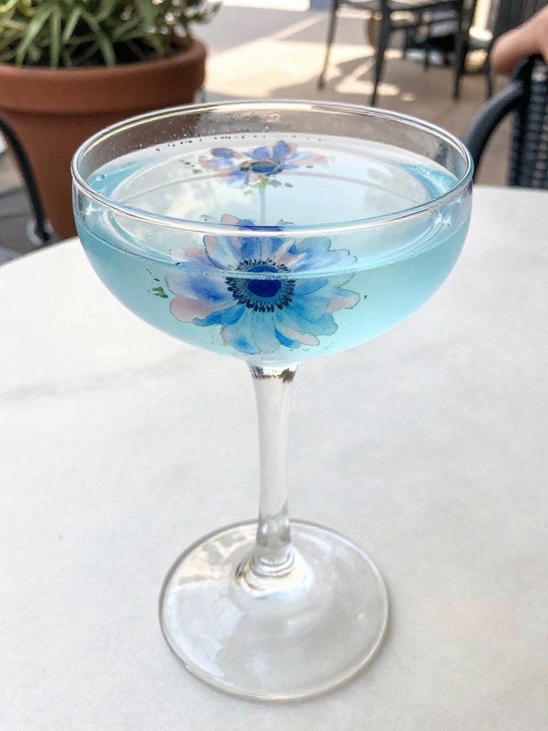 Coupe glass of blue liquid with painted floral designs on white table.