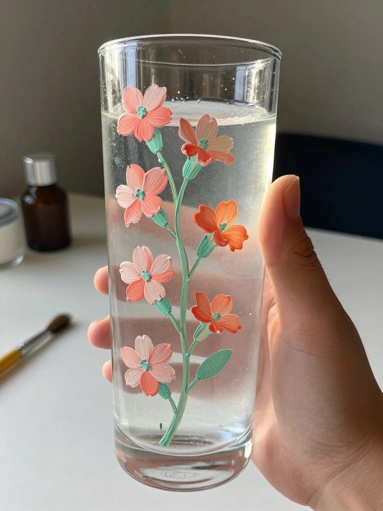 A hand holds a clear tall glass with a painted vertical floral vine in soft pink, orange, and green.