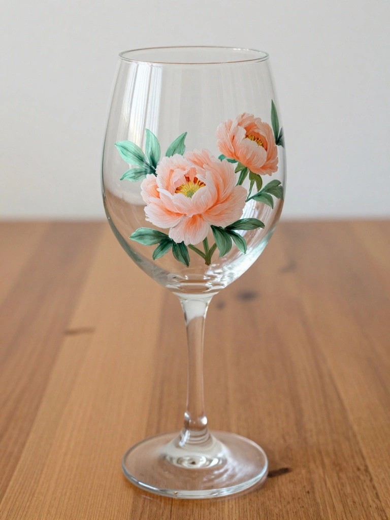 Clear wine glass painted with peach peonies and green leaves on wooden table