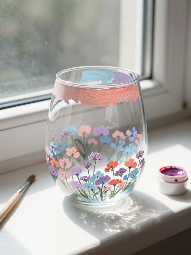 A stemless glass painted with pastel flowers sits on a windowsill next to a brush and paint jar.
