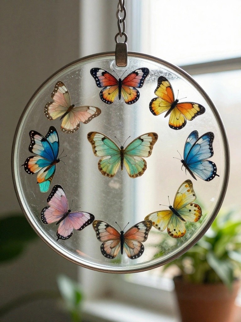 Hanging circular glass suncatcher with colorful butterflies arranged in a ring.