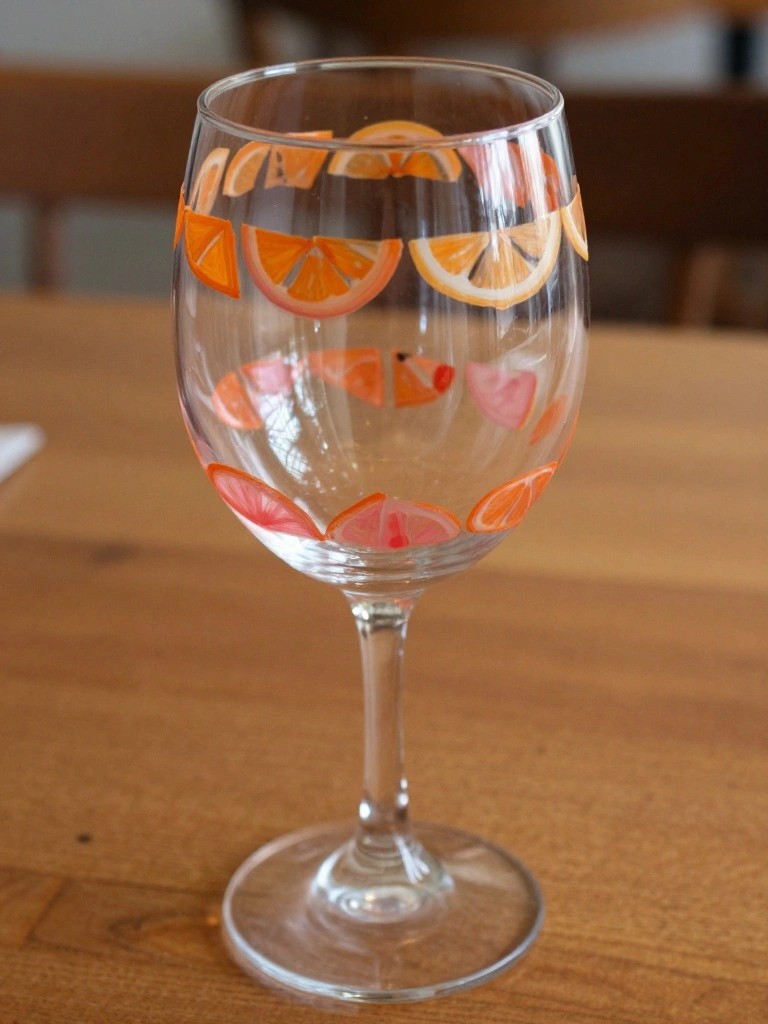 Clear stemmed wine glass with painted orange and pink citrus slices on wooden table