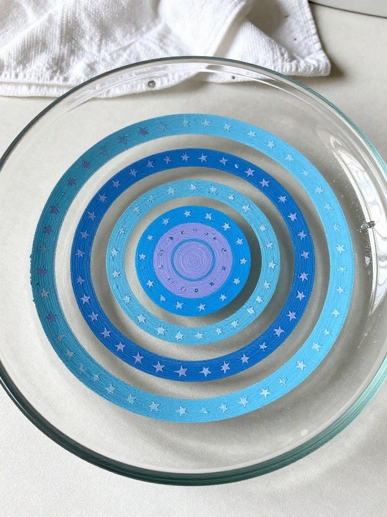 Glass bowl with blue-purple concentric rings and white stars on white cloth.