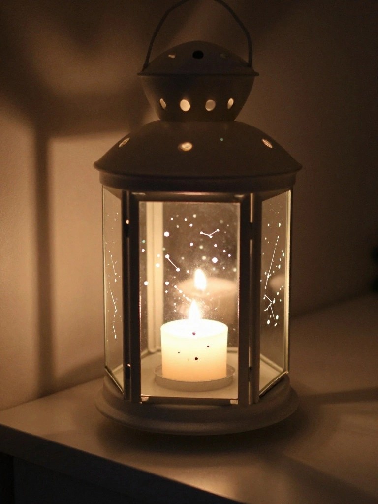 Dark lantern with constellation patterns on glass enclosing a lit candle