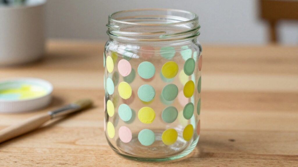 22 Beginner-Friendly Glass Painting Designs Built From Easy Repeat Patterns Glass mason jar with pastel polka dots beside green paint and brush on wood