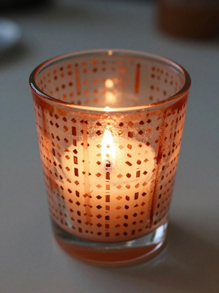Lit candle glowing in perforated orange glass holder with geometric patterns