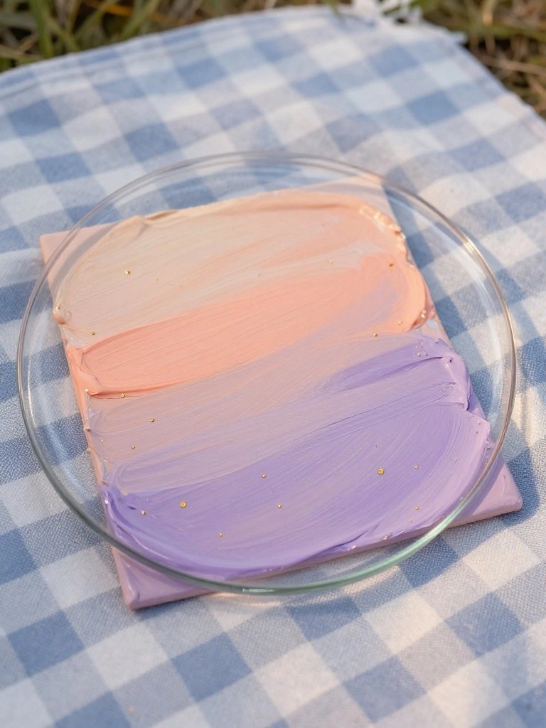 Peach to purple gradient paint with gold dots on canvas over gingham blanket