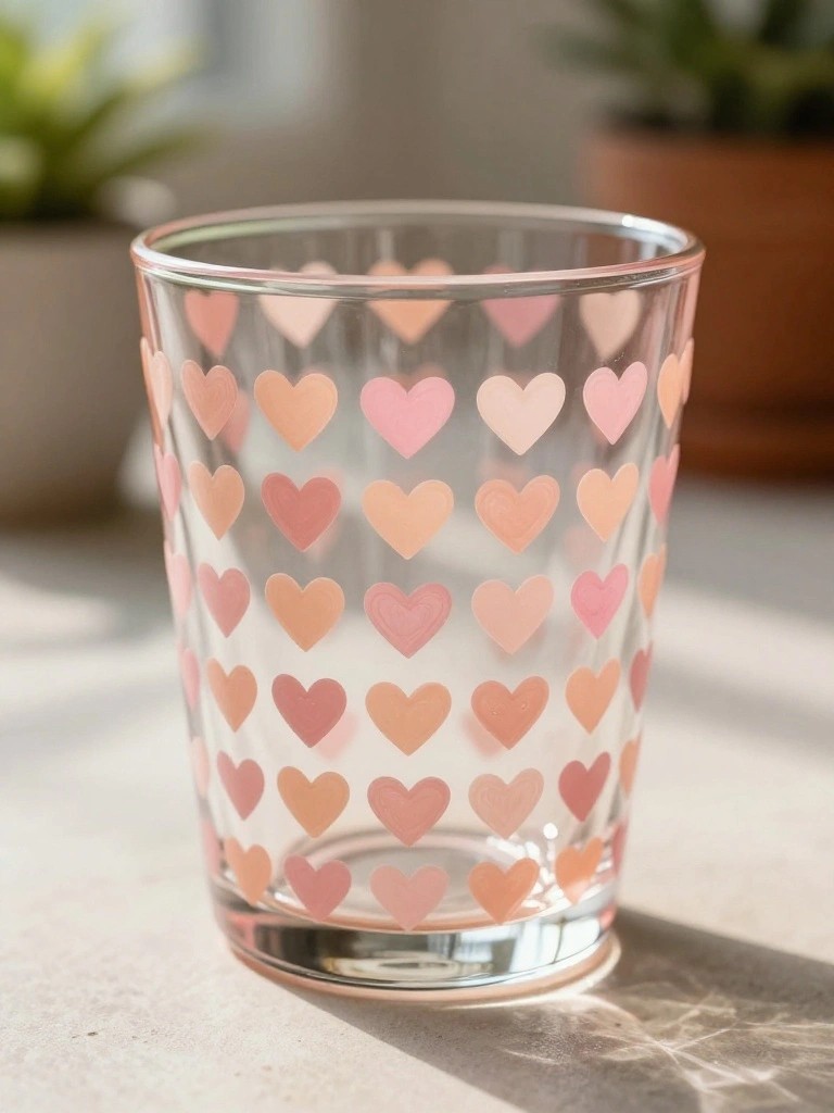 Clear drinking glass with rows of painted pink and peach hearts covering the surface.