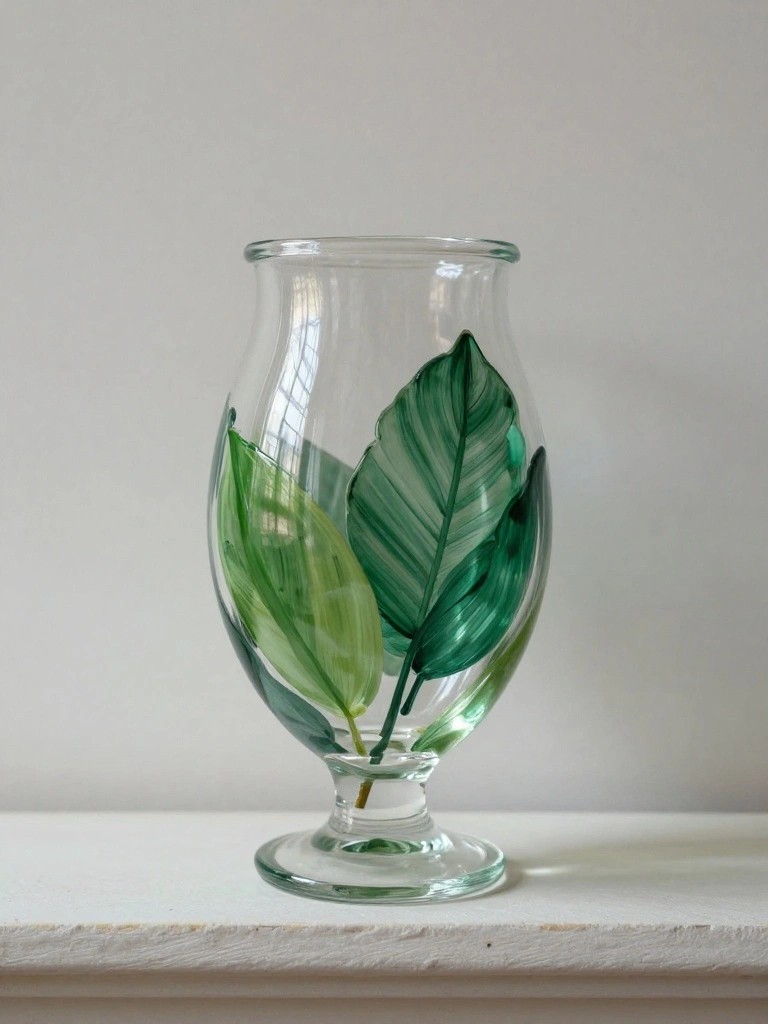 Clear glass pedestal vase with hand-painted green leaves on white surface